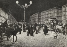 The Puerta del Sol (Gate of the Sun) illuminated by electric light, Madrid, Spain, 1878. Creators: Arturo Carretero y Sánchez, Josep Lluís Pellicer Feñé.