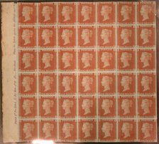 Unused block of forty-two "Penny Red-Brown" postage stamps of Queen Vi..., issued February 10, 1841. Creator: Unknown.