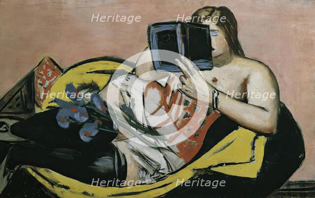 Lying woman with book and irises, 1931. Creator: Max Beckmann.