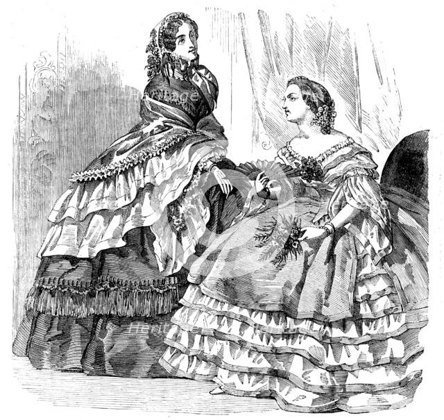 Fashions for August - Promenade or Carriage Costume, and Ball Dress, 1858. Creator: Unknown.