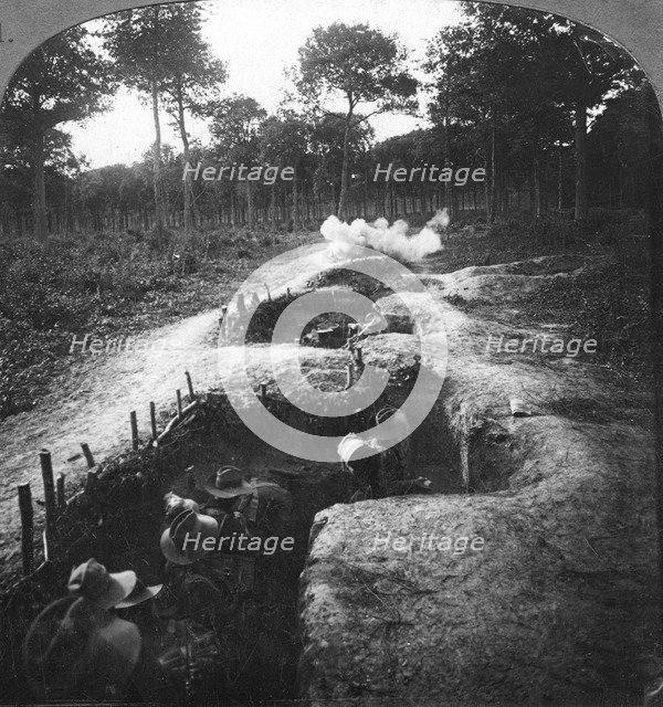 Clearing the remaining Germans out of the trenches by hand grenages, 1900s.Artist: Crown