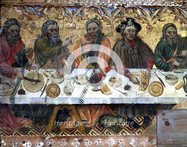Holy Supper' tempera painting on wood by Jaume Ferrer, detail of the apostles in the left side.