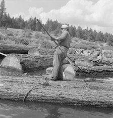Pond monkey steers log raft in mill pond, Keno, Klamath County, Oregon, 1939. Creator: Dorothea Lange.