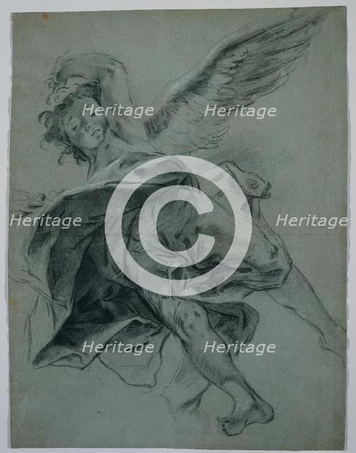 A Flying Angel (recto); Studies of Hands Playing Instruments (verso), 1723-1727. Creator: Giovanni Battista Piazzetta (Italian, 1682-1754).