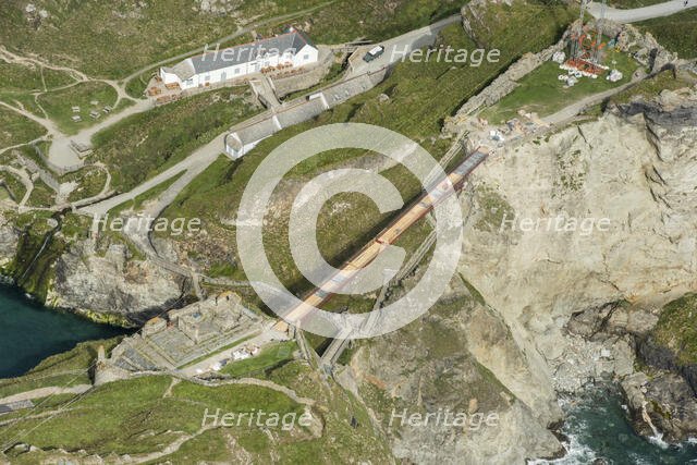 Construction of new Tintagel Castle footbridge, Cornwall, 2019. Creator: Damian Grady.
