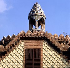 View of the dome of the checkpoint building of Güell House, built between 1884 and 1887, designed…