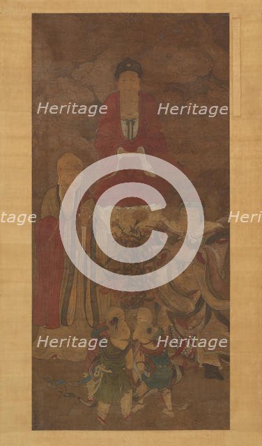 Shakyamuni with luohan, heavenly king, and boys, early 17th century. Creator: Unknown.