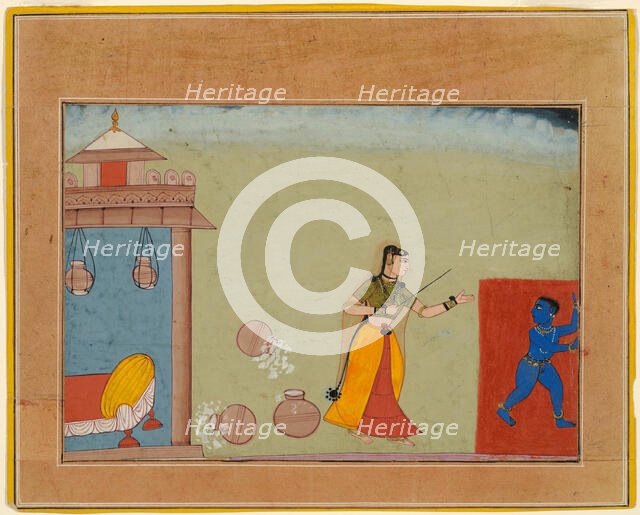Yashoda Chastises Her Foster Son, the Youthful Krishna, page from a manuscript of the..., c1600. Creator: Unknown.