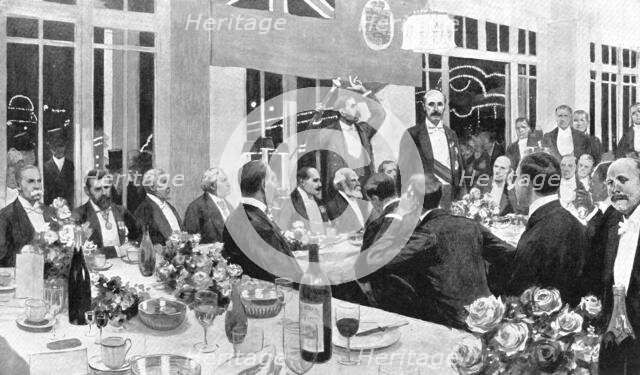 Lord Grey replying to the toast of the evening at the Dominion Day Banquet at the White City, 1909. Creator: Amedee Forestier.