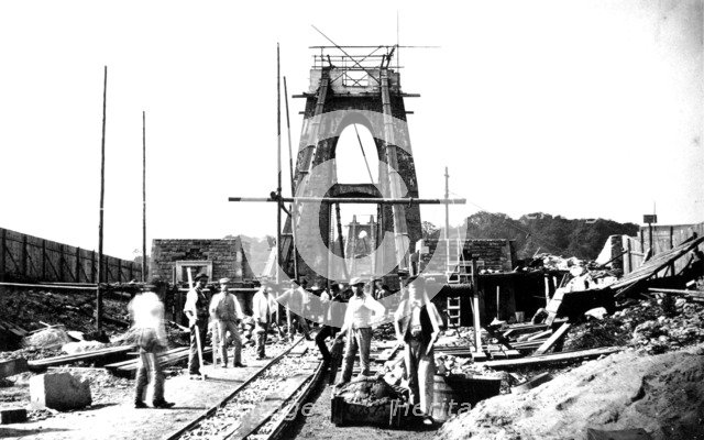 Clifton Suspension Bridge under construction, Bristol, 1864. Artist: Unknown