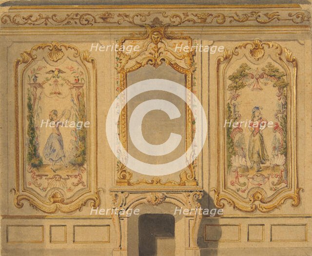 Elevation of an interior wall decorated with a chimney piece surmounted by a mirror..., 1830-97. Creators: Jules-Edmond-Charles Lachaise, Eugène-Pierre Gourdet.
