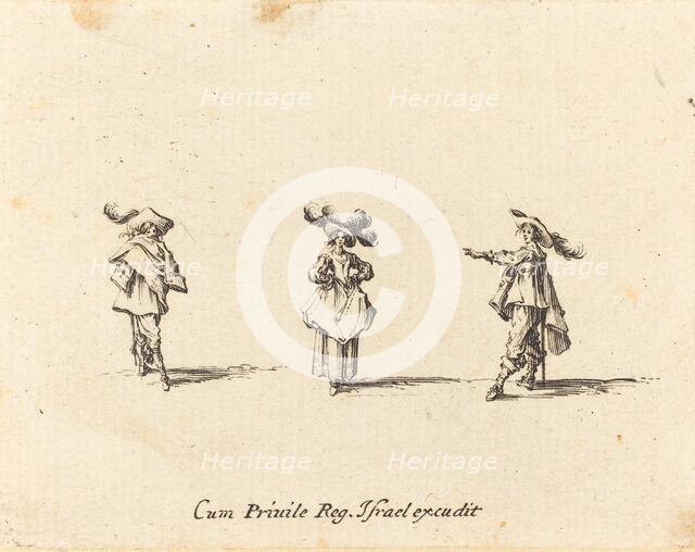 Lady with Large Plumes, and Two Gentlemen, probably 1634. Creator: Jacques Callot.