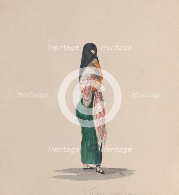 A woman wearing the saya standing in profile, from a group of drawings depicting Peruvian..., ca.184 Creator: Attributed to Francisco (Pancho) Fierro.