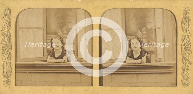 Little girl leaning out of an open window, arms crossed, 1855-1865. Creator: Levy Fils & Cie.