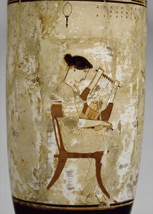 Attic white-ground lekythos with image of women musicians, 5th century BC. Artist: Achilles Painter.