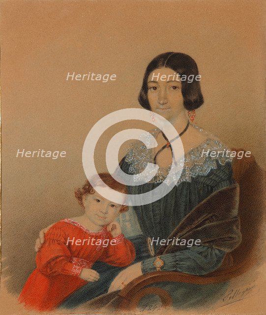Portrait of Maria Prokhorovna Krivtsova with son Alexander, 1841. Artist: Anonymous  