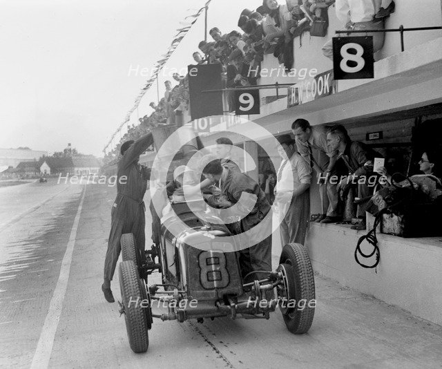 ERA R4C of Raymond Mays refuelling in the pits, JCC International Trophy, Brooklands, Surrey, 1937. Artist: Bill Brunell.