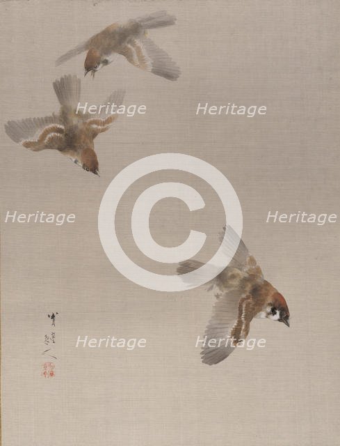 Sparrows Flying, ca. 1887. Creator: Watanabe Seitei.