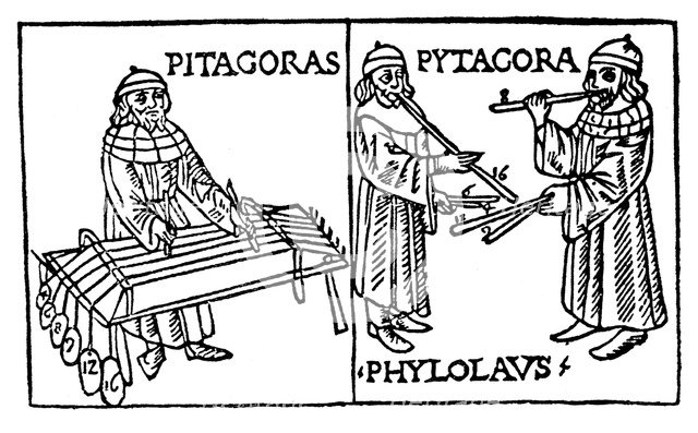 Pythagoras (560-480 BC), Greek philosopher and scientist, demonstrating mathematical relationships. Artist: Unknown
