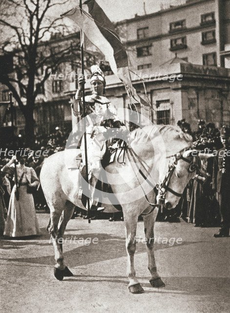 British suffragette Elsie Howey as Joan of Arc, London, 17 April 1909. Artist: Unknown
