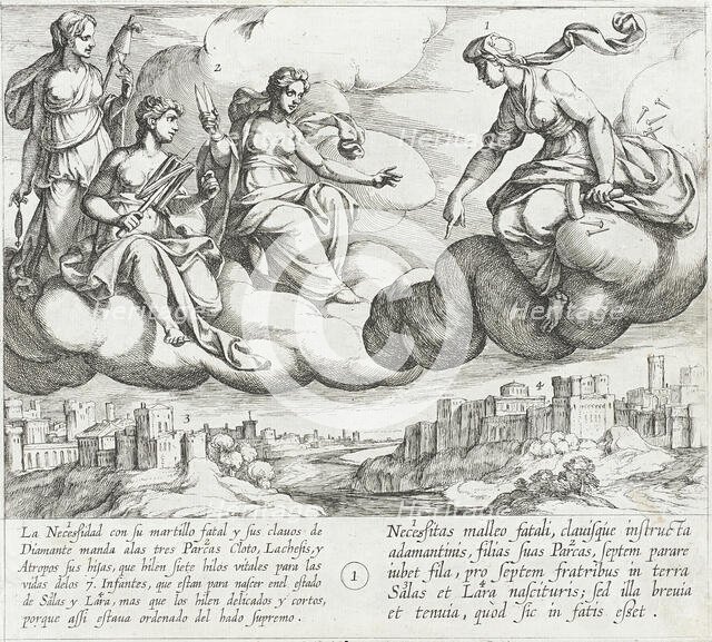 Necessity Commands Her Daughters, the Fates, to Weave Short and Frail Life Threads..., 1612. Creator: Antonio Tempesta.