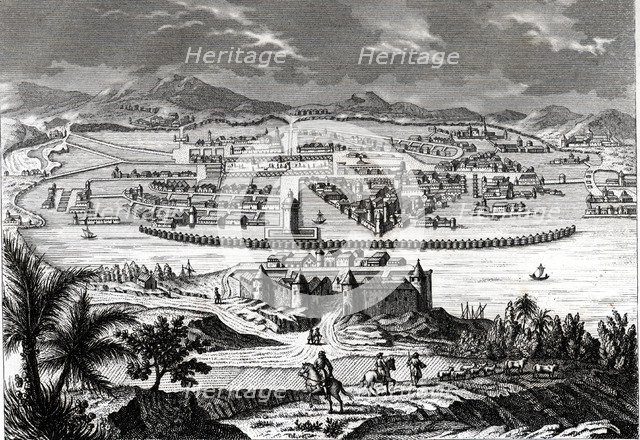 Mexico City at the time of the Spanish conquest in 1520, engraving, 1865.