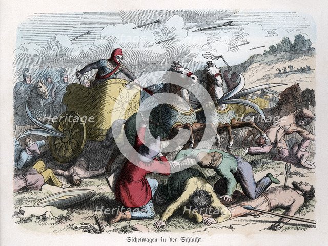 Ancient History. Persia. War chariot with sickles in their wheels. German engraving, 1865.