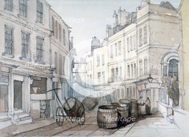 Bread Street Hill and St Nicholas Olave Churchyard, City of London, c1850. Artist: Thomas Colman Dibdin