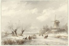 Winter landscape with skaters by a windmill, 1827-1897. Creator: Lodewijk Johannes Kleijn.