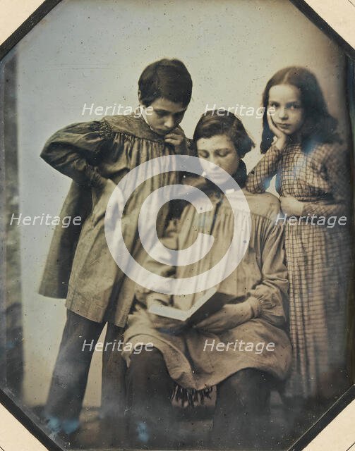 [Three Children, One Seated Holding an Open Book, the Other Two Standing, in Front of ..., ca. 1845. Creator: Unknown.