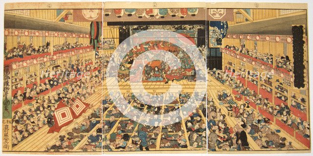 Odori-keiyo Edo-e no Sakae: Theatre interior with Shibaraku performance, 1858. Artist: Kunisada (Toyokuni III), Utagawa (1786-1865)
