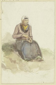 An old woman sits on a lawn holding a bowl of milk in her lap, c1840s. Creator: Jakob Dielmann.