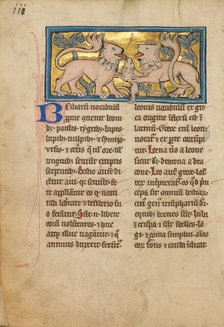 Two Lions Reviving their Dead Cubs; De Natura Avium; De Pastoribus et Ovibus, 1277 or after. Creator: Unknown.