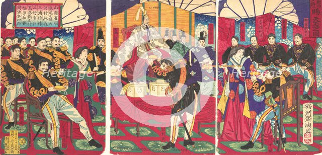 Illustration of the Honored Commanders, Receiving the Emperor's Gift Cup (Kunko..., September, 1877. Creator: Chikanobu Yoshu.