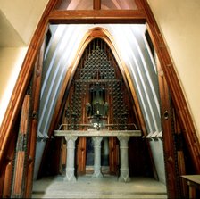 Güell cellar in El Garraf, inside of the chapel built on the top of the building with parabolic a…