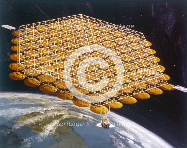 Space Shuttle and space station above Earth, artist's impression. Creator: NASA.