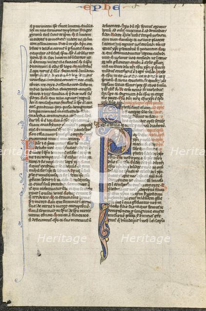 Leaf from a Latin Bible: Initial P with St. Paul Holding a Sword..., c. 1250. Creator: Johannes Grusch Atelier (French), circle or workshop of.