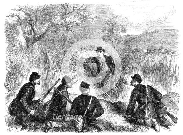 The War in America: a Confederate deserter coming into the Federal lines at Munson's..., 1861. Creator: Unknown.
