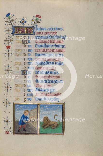 Calendar Page for July: Reaping: Leo; Book of Hours, about 1450-1455. Creator: Master of the Lee Hours.