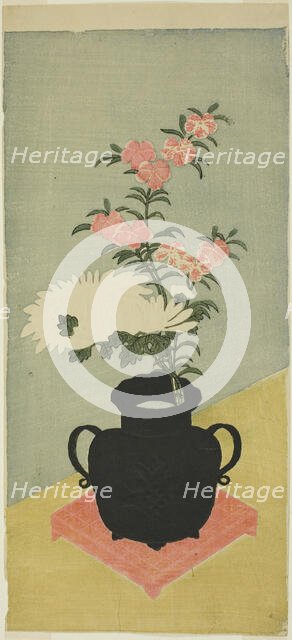 White Chrysanthemums and Pinks in a Black Vase, 1765/70. Creator: Ippitsusai Buncho.