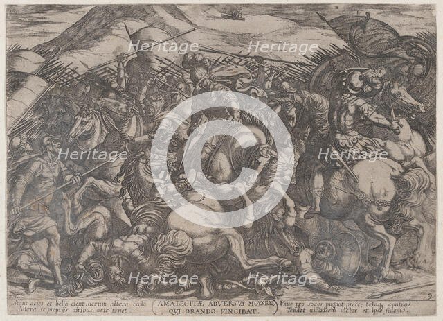 Plate 9: The Israelites Battling the Amalekites, from 'The Battles of the Old..., ca. 1590-ca. 1610. Creator: Antonio Tempesta.