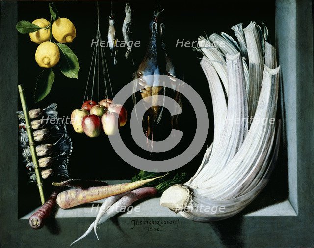  'Hunting, fruit and vegetables' ', 1602, by Juan Sanchez Cotan.