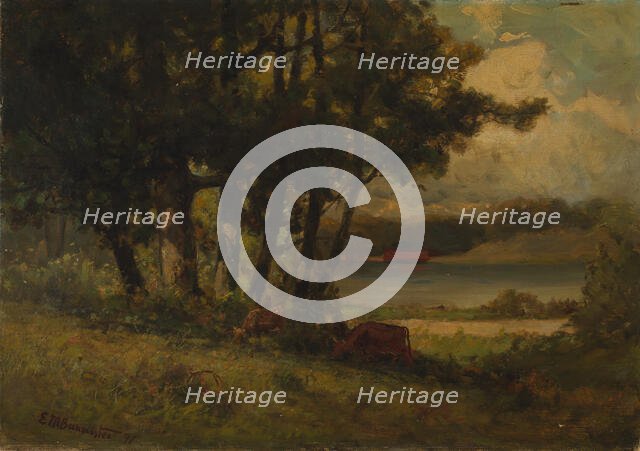 Untitled (landscape with cows grazing near river), 1891. Creator: Edward Mitchell Bannister.