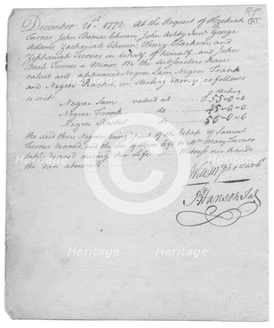 Appraisal of Property, Appraisal of slaves from the estate of..., 1772-12-21. Creator: Unknown.