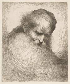 A bearded man wearing a cap looking down to the right, from the series 'Heads in Or..., ca. 1648-50. Creator: Giovanni Benedetto Castiglione.