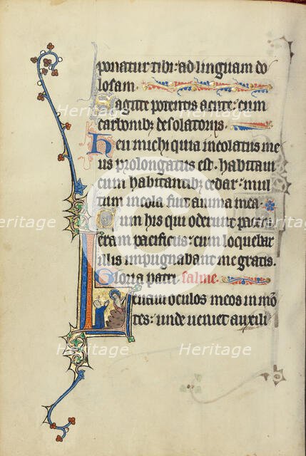 Initial L: A Kneeling Nun in Prayer before Christ; Ruskin Hours, about 1300. Creator: Unknown.