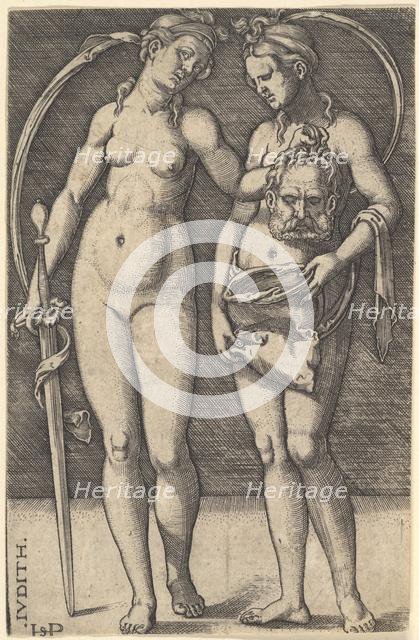Judith standing to right and holding the head of Holofernes in her right hand and a..., ca. 1520-30. Creator: Sebald Beham.