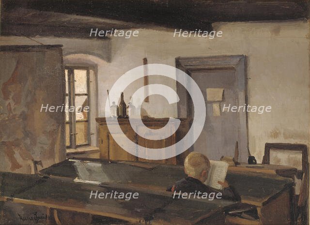 A schoolroom with a reading boy, 1854-1917.
 Creator: Hans Smidth.