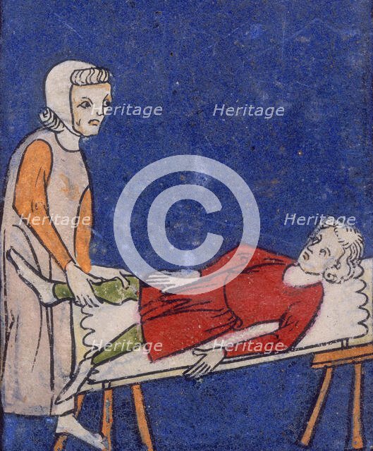 A woman setting a bone in a boy's leg, 14th century. Creator: Unknown.