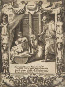 Juno persuading Athena to nurse the young Hercules, set within an elaborate frame, from..., 1531-76. Creator: Giulio Bonasone.